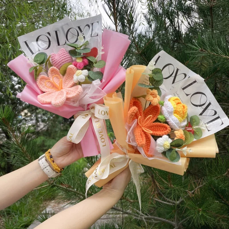 Finished Knitted Rose Sunflowers Carnations Crochet Handmade Bouquets Valentine Mothers' Day Birthday Graduation Gift