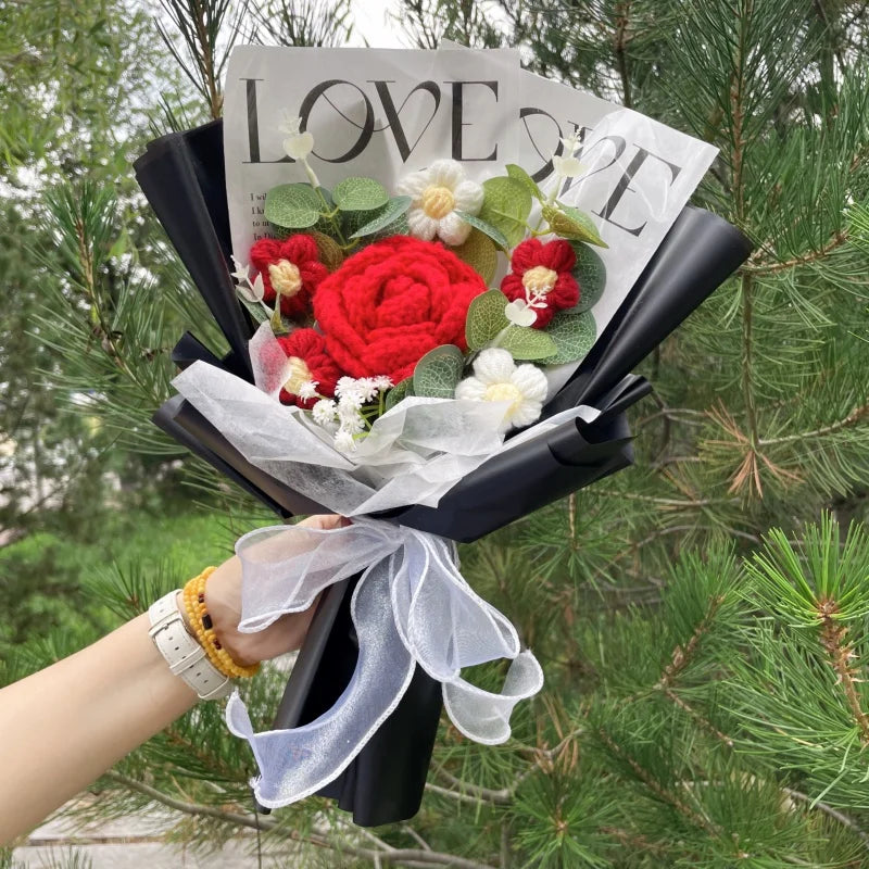 Finished Knitted Rose Sunflowers Carnations Crochet Handmade Bouquets Valentine Mothers' Day Birthday Graduation Gift