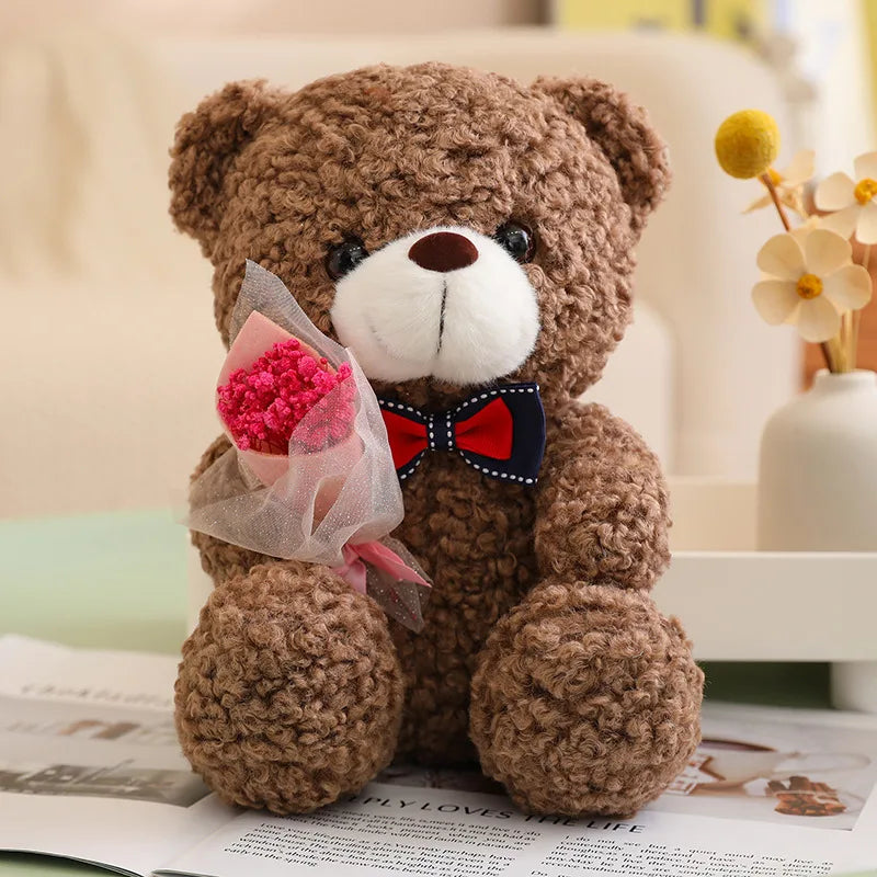 Kawaii Teddy Bear Plush – Soft Stuffed Animal with Mini Bouquet for Gifting & Decor