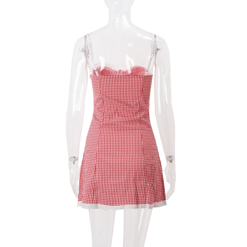 WhereMery Plaid Y2K Lace Vintage Spaghetti Strap Mini Dresses Backless Aesthetic Casual Slim Dress Evening Party Summer Vestidos