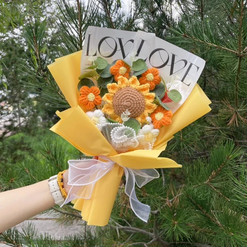 Finished Knitted Rose Sunflowers Carnations Crochet Handmade Bouquets Valentine Mothers' Day Birthday Graduation Gift