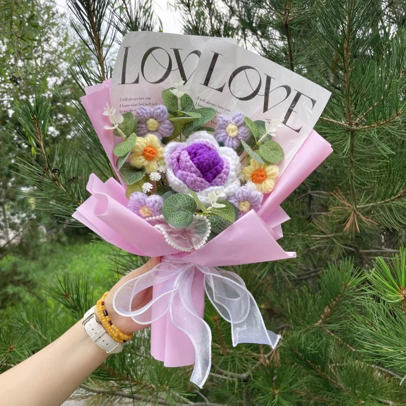 Finished Knitted Rose Sunflowers Carnations Crochet Handmade Bouquets Valentine Mothers' Day Birthday Graduation Gift