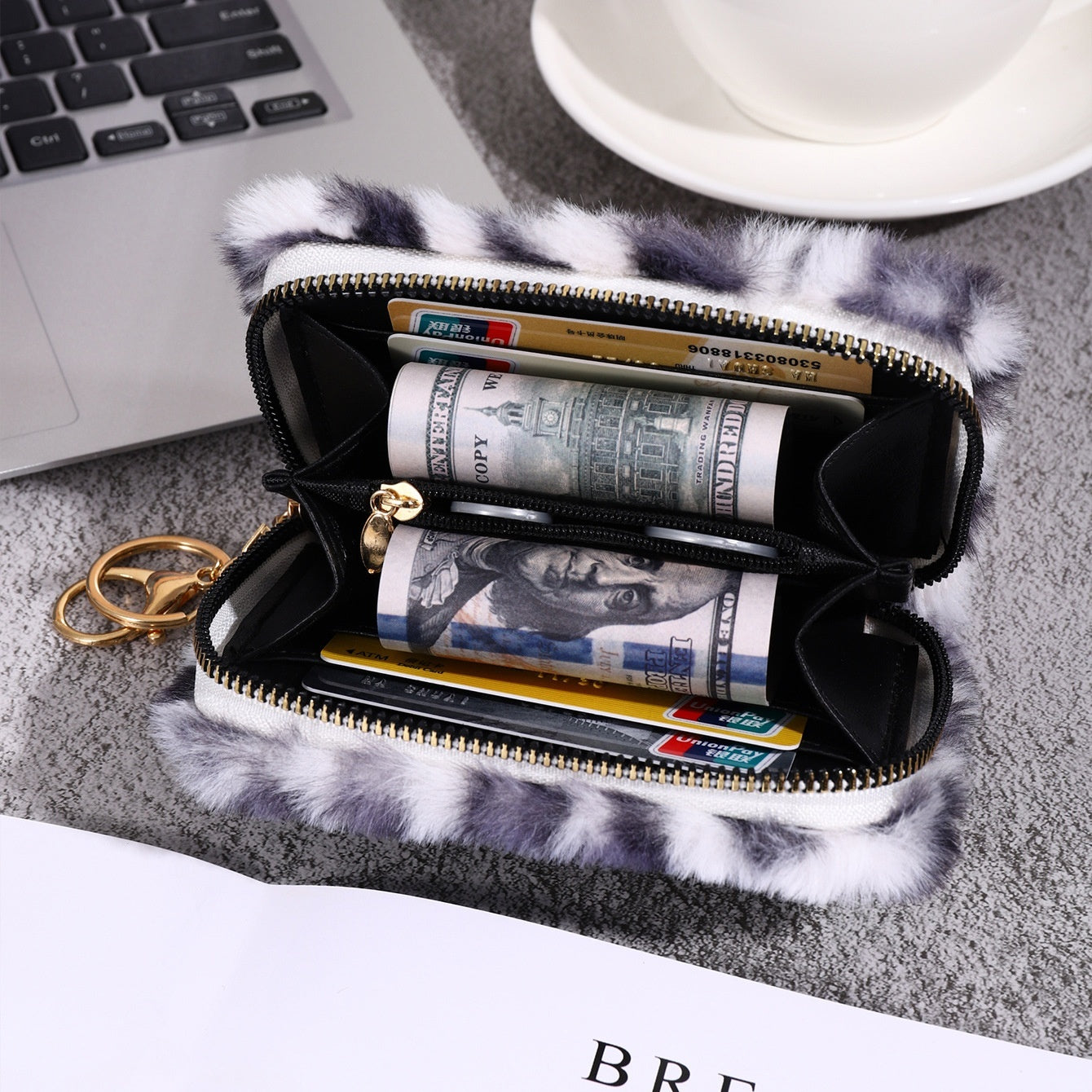 Plush Coin Purse Fashionable Niche Design Simple And Fluffy With Leopard-Print Card Holder